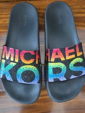 Michael Kors Black Slides with Rainbow Crystal Logo Size 8